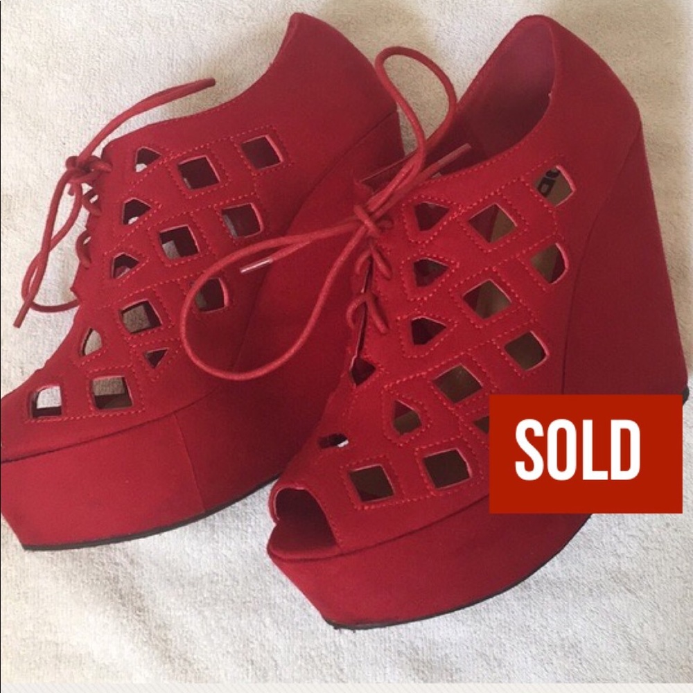 SOLD❗️Caged Red Suede Wedges with Lace Up Front